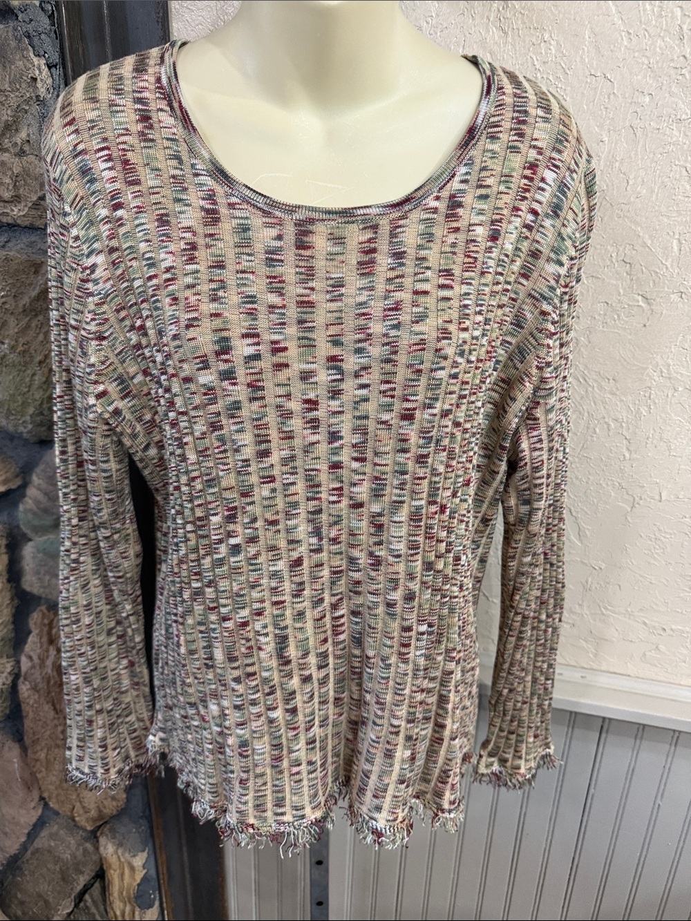 Multi-Color Ribbed Knit Long-Sleeve Top